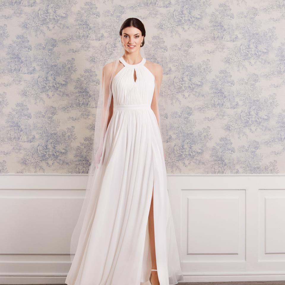 Enkel cremefarvet satin brudekjole